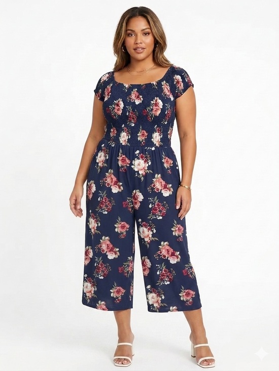 J for Justify Pants - J for Justify Navy Floral Smocked Cap-Sleeve Jumpsuit